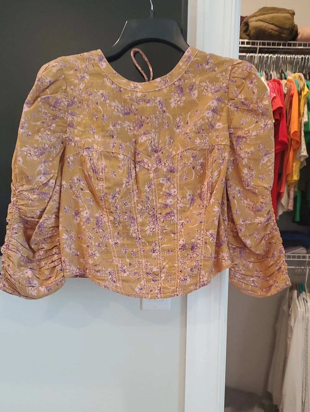 Free People Mustard Yellow Floral Puff-Sleeve Blouse